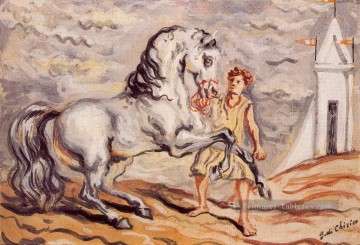 cheval emballement avec écuire et pavillon Giorgio de Chirico surréalisme métaphysique Peinture à l'huile